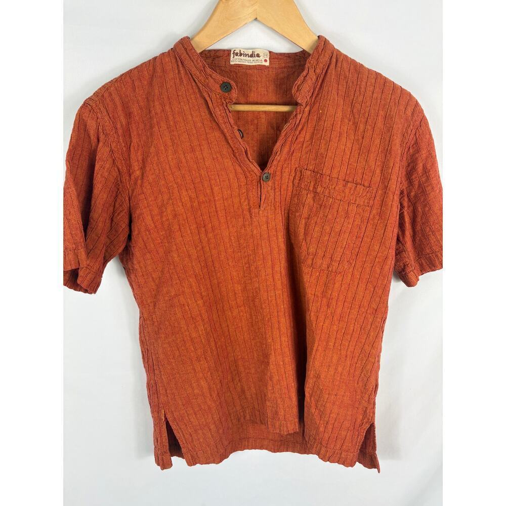 Fabindia Mens Orange V Neck Texture Stripe Cotton Shirt Size 38